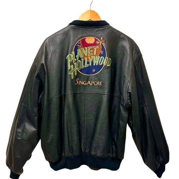 PLANET Hollywood Singapore jacket coat vintage black leather reversible L.